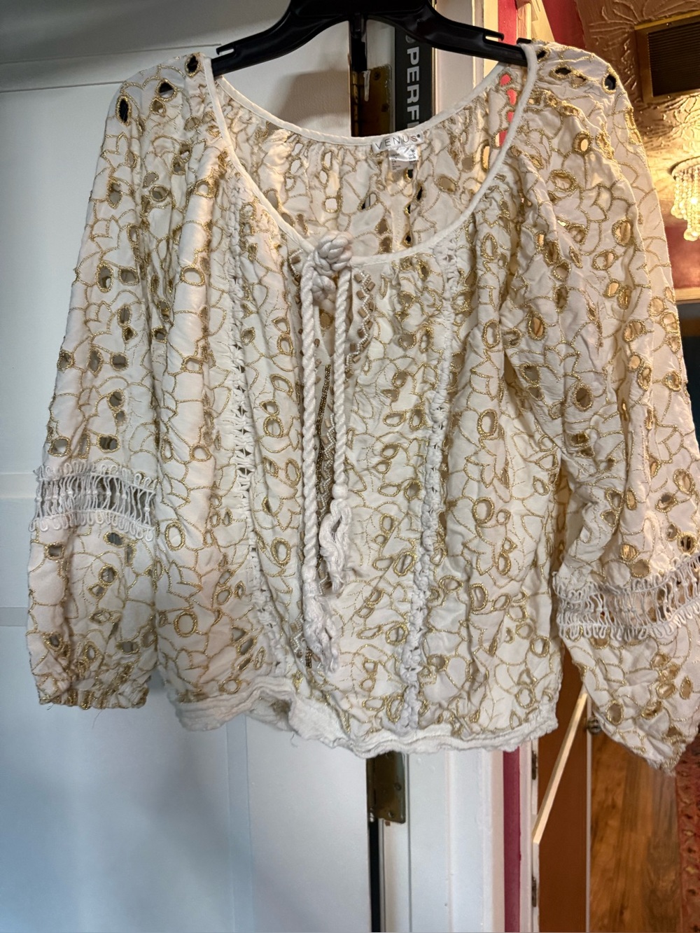 VENUS White Peasant Blouse with Gold Embroidered Accents